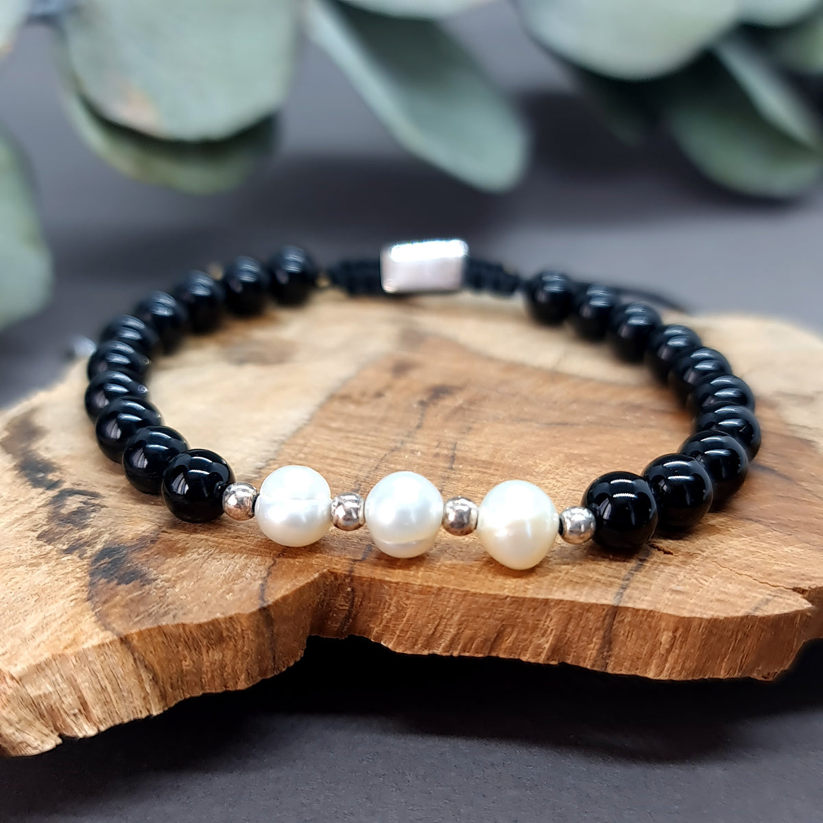 Onyx & Pearl Sterling Silver Bracelet